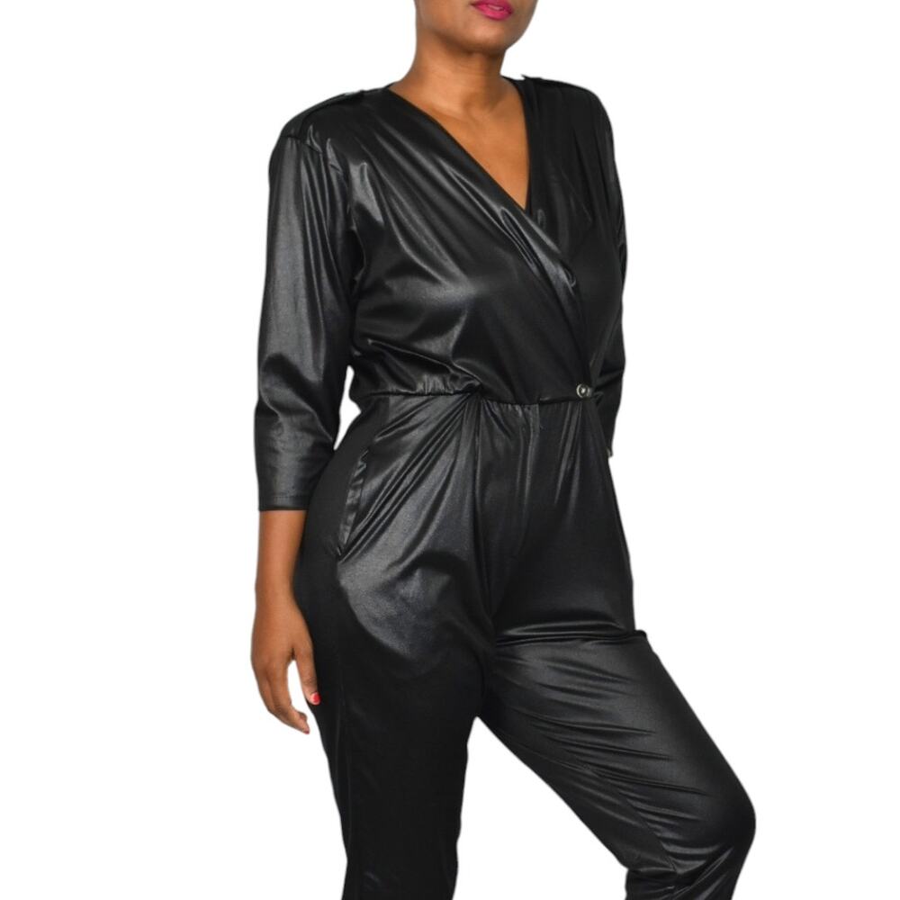 Vintage Stash Wet Look Jumpsuit Black Faux Leather Shiny 80s Shoulder Pads Small